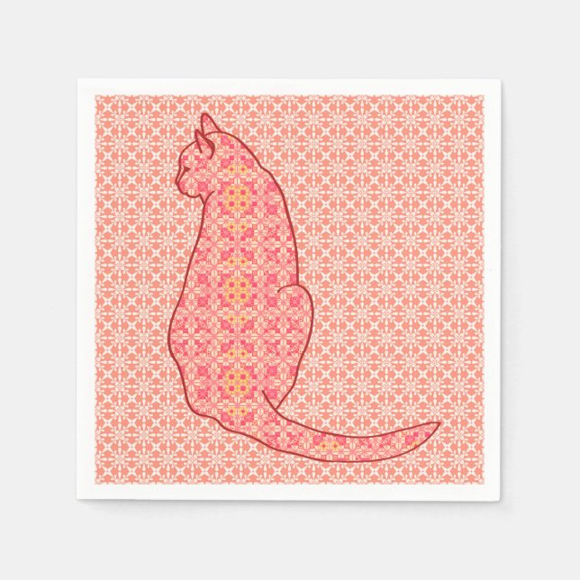 Japanese Cat - Coral Orange Batik Napkin (Front)