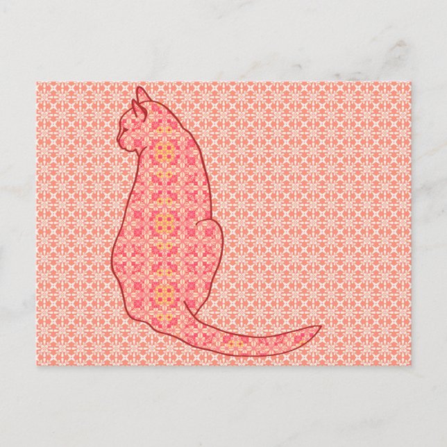 Japanese Cat - Coral Orange Batik Postcard (Front)