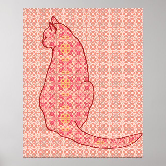 Japanese Cat - Coral Orange Batik Poster (Front)