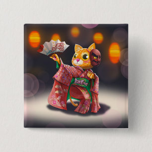 Japanese cat dancer in traditional costume 15 cm square badge