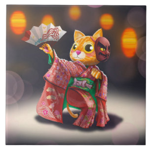 Japanese cat dancer in traditional costume ceramic tile