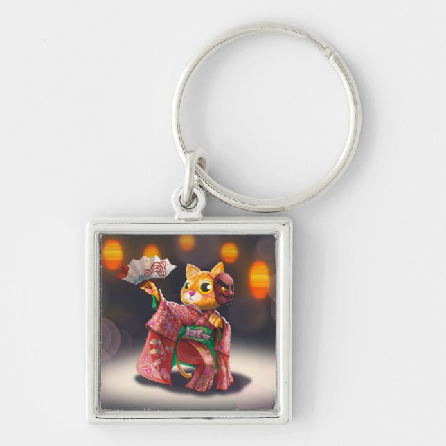 Japanese cat dancer in traditional costume  key ring (Front)