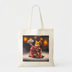 Japanese cat dancer in traditional costume tote bag