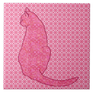 Japanese Cat - Fuchsia Pink Batik Ceramic Tile