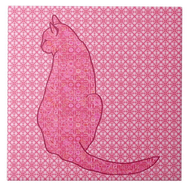 Japanese Cat - Fuchsia Pink Batik Ceramic Tile (Front)