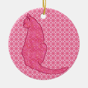 Japanese Cat - Fuchsia Pink Batik Ceramic Tree Decoration