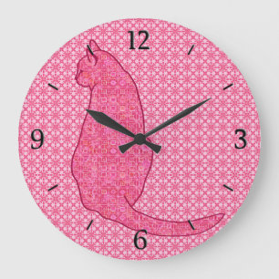 Japanese Cat - Fuchsia Pink Batik Large Clock