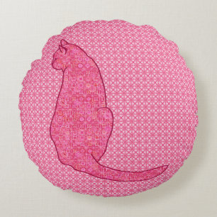 Japanese Cat - Fuchsia Pink Batik Round Cushion