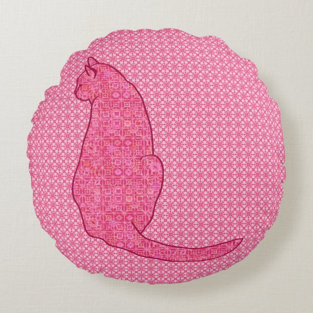 Japanese Cat - Fuchsia Pink Batik Round Cushion (Front)