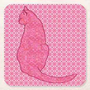 Japanese Cat - Fuchsia Pink Batik Square Paper Coaster
