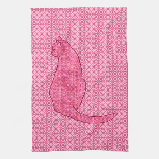 Japanese Cat - Fuchsia Pink Batik Tea Towel (Vertical)