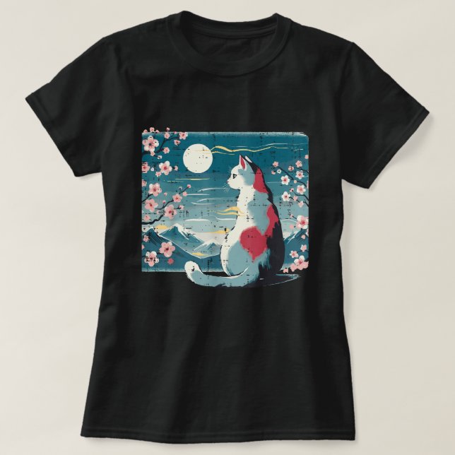 Japanese Cat Mountain Sakura Cherry Blossom T-Shirt (Design Front)