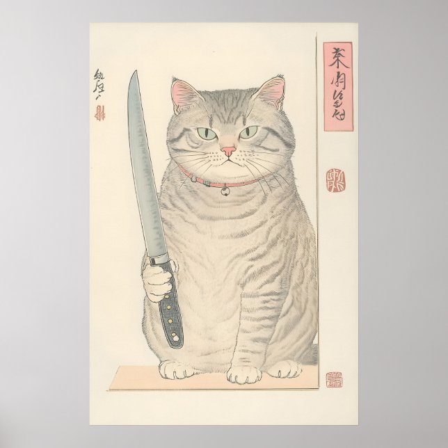Japanese Cat Print Funny Tabby Cat with Knife (Front)