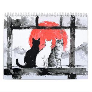 Japanese Cat Seasons Sumi-e Ink Art Calendar