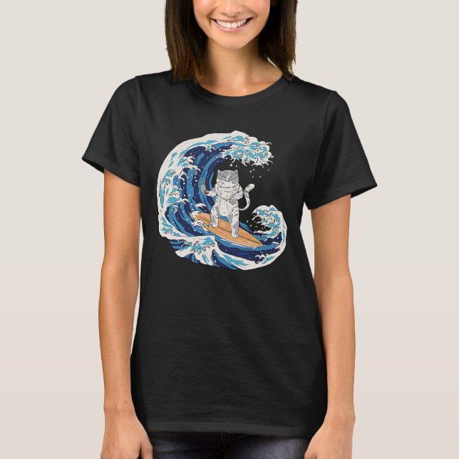 Japanese Cat Surfing a Wave Beach Ocean Sea Cool R T-Shirt (Front)