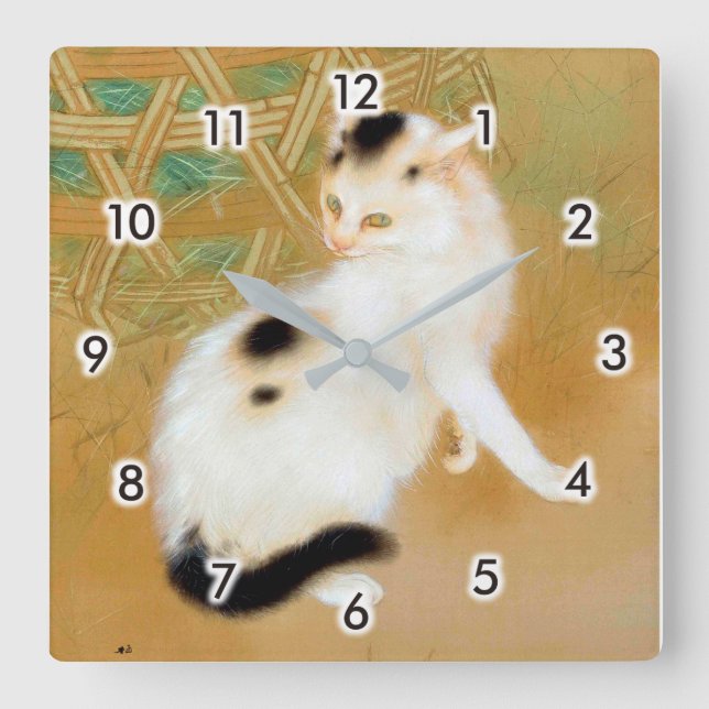 Japanese Cat, Takeuchi Seihō, Japanese Art Square Wall Clock (Front)