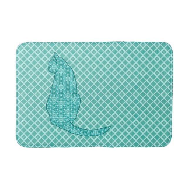 Japanese Cat - Turquoise Kimono Print Bath Mat (Front)