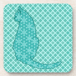 Japanese Cat - Turquoise Kimono Print Coaster
