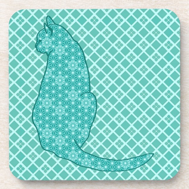 Japanese Cat - Turquoise Kimono Print Coaster (Front)