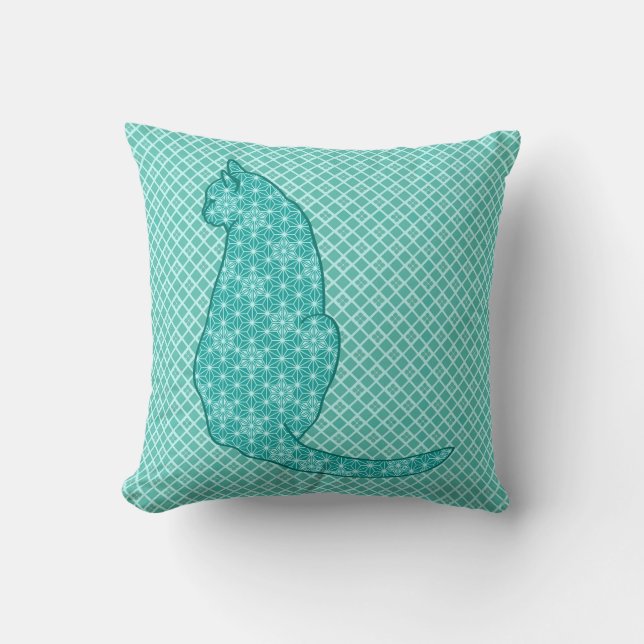 Japanese Cat - Turquoise Kimono Print Cushion (Front)
