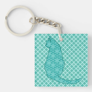 Japanese Cat - Turquoise Kimono Print Key Ring