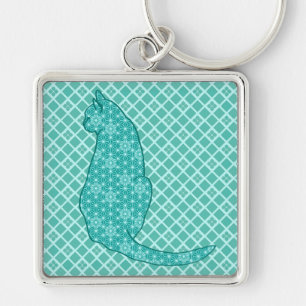 Japanese Cat - Turquoise Kimono Print Key Ring