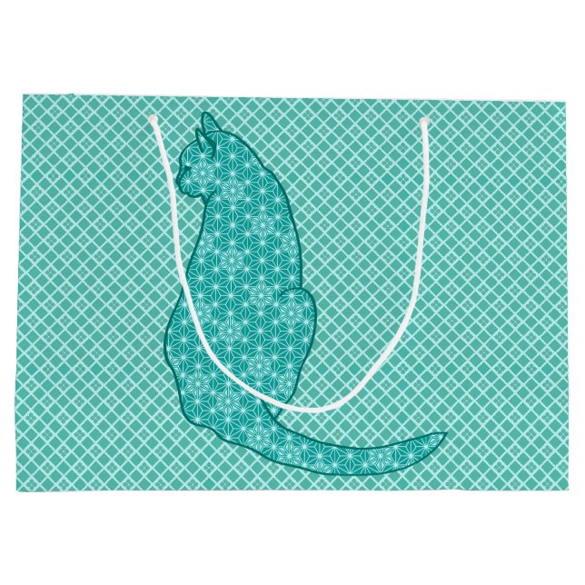 Japanese Cat - Turquoise Kimono Print Large Gift Bag (Back)