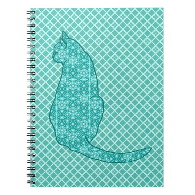 Japanese Cat - Turquoise Kimono Print Notebook (Front)