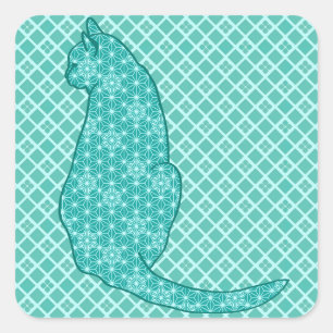 Japanese Cat - Turquoise Kimono Print Square Sticker