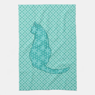Japanese Cat - Turquoise Kimono Print Tea Towel