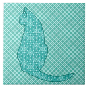 Japanese Cat - Turquoise Kimono Print Tile