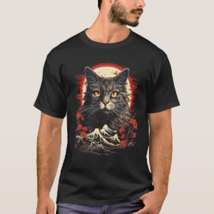 Japanese Cat with Cherry Blossoms and Mt Fuji T-Shirt