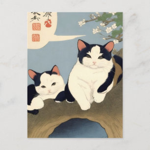 Japanese Cats Blossom Tree Postcard