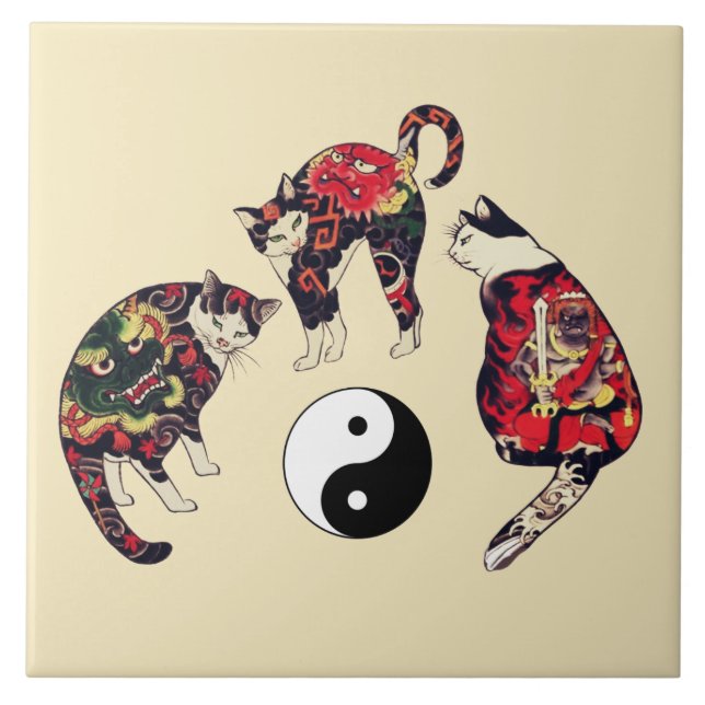 JAPANESE CATS ,DRAGON RED DEVIL TATTOOS,YIN YANG  CERAMIC TILE (Front)