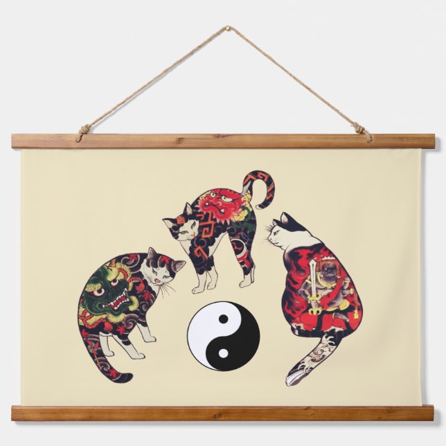 JAPANESE CATS ,DRAGON RED DEVIL TATTOOS,YIN YANG  HANGING TAPESTRY (Front)