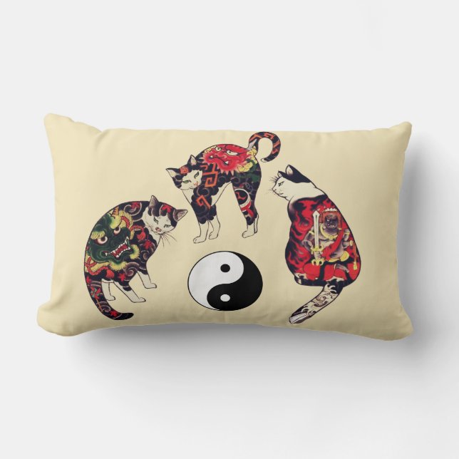 JAPANESE CATS ,DRAGON RED DEVIL TATTOOS,YIN YANG  LUMBAR CUSHION (Front)