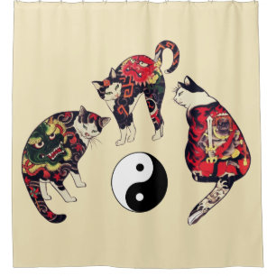 JAPANESE CATS ,DRAGON RED DEVIL TATTOOS,YIN YANG SHOWER CURTAIN