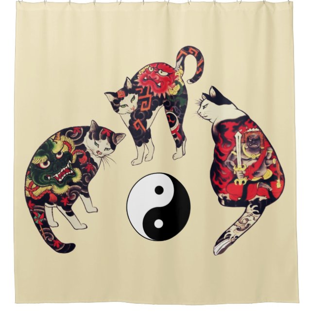 JAPANESE CATS ,DRAGON RED DEVIL TATTOOS,YIN YANG SHOWER CURTAIN (Front)