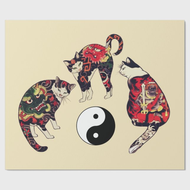 JAPANESE CATS ,DRAGON RED DEVIL TATTOOS,YIN YANG  WRAPPING PAPER (Flat)