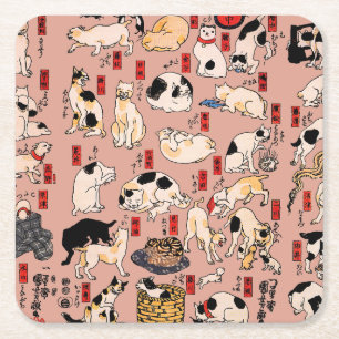 Japanese Cats Ukiyo-e Art Funny Square Paper Coaster