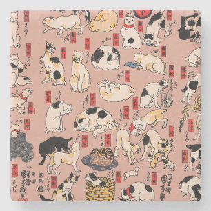 Japanese Cats Ukiyo-e Art Funny Stone Coaster