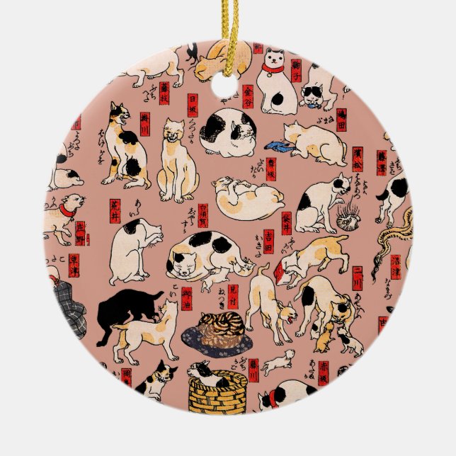 japanese cats Ukiyo-e Funny kitty Ceramic Ornament (Front)