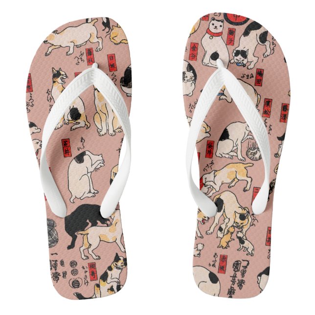 japanese cats Ukiyo-e Funny kitty Thongs (Footbed)