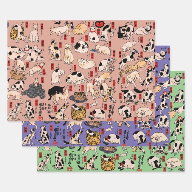 japanese cats Ukiyo-e Funny kitty Wrapping Paper Sheet (Set)