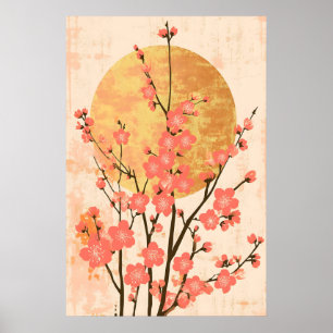 Japanese Cherry Blossom Art Print Gold Rising Sun