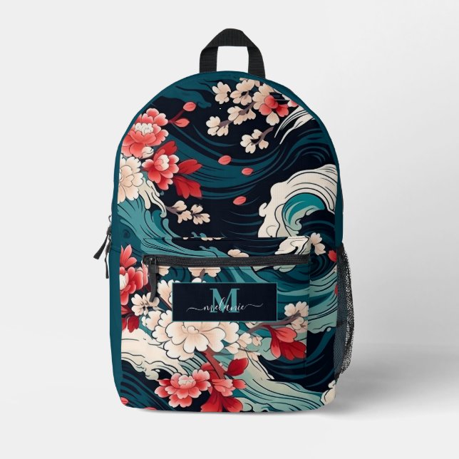 Japanese Cherry Blossom Custom Monogram Name Printed Backpack (Front)