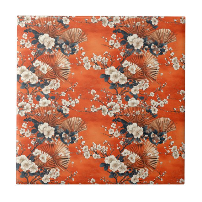 Japanese Cherry Blossom Fan Pattern (1) Ceramic Tile (Front)