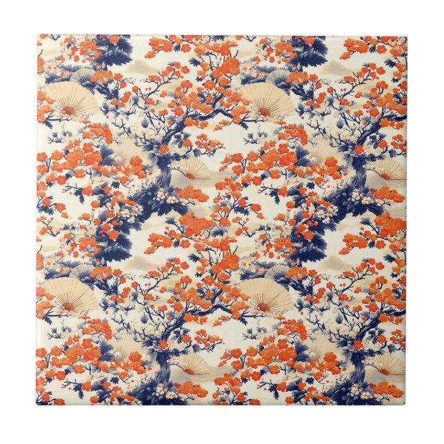 Japanese Cherry Blossom Fan Pattern (2) Ceramic Tile (Front)