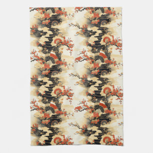 Japanese Cherry Blossom Fan Pattern (3) Tea Towel