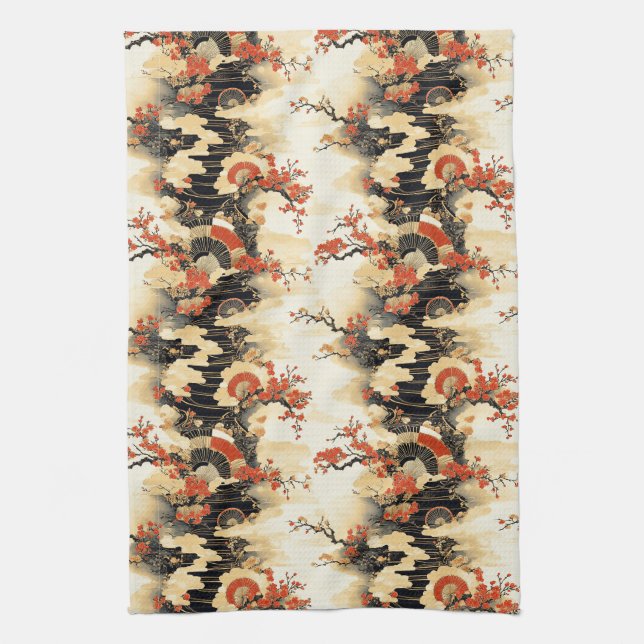 Japanese Cherry Blossom Fan Pattern (3) Tea Towel (Vertical)